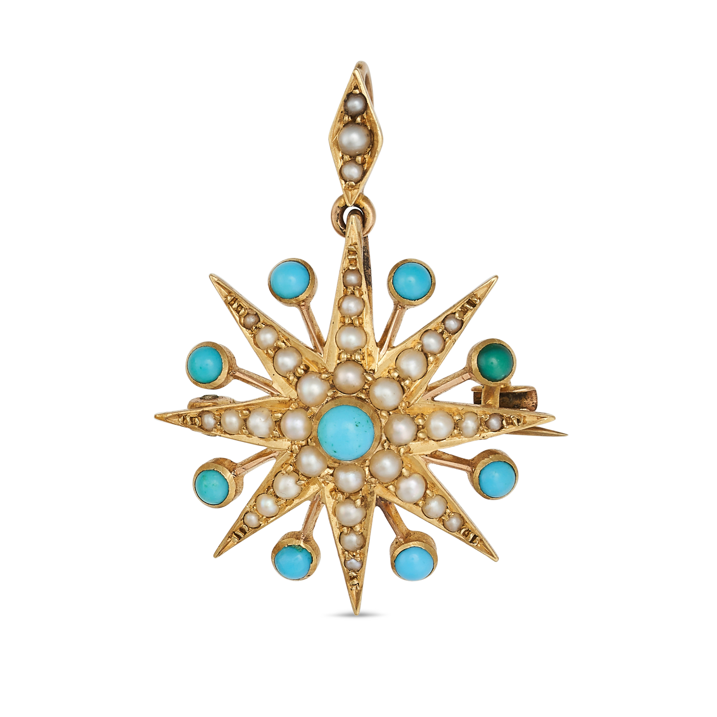 NO RESERVE - AN ANTIQUE TURQUOISE AND PEARL STAR BROOCH AND PENDANT in yellow gold, designed as a...