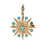 NO RESERVE - AN ANTIQUE TURQUOISE AND PEARL STAR BROOCH AND PENDANT in yellow gold, designed as a...
