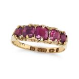 NO RESERVE - AN ANTIQUE GARNET FIVE STONE RING in 15ct yellow gold, set with five cushion cut gar...