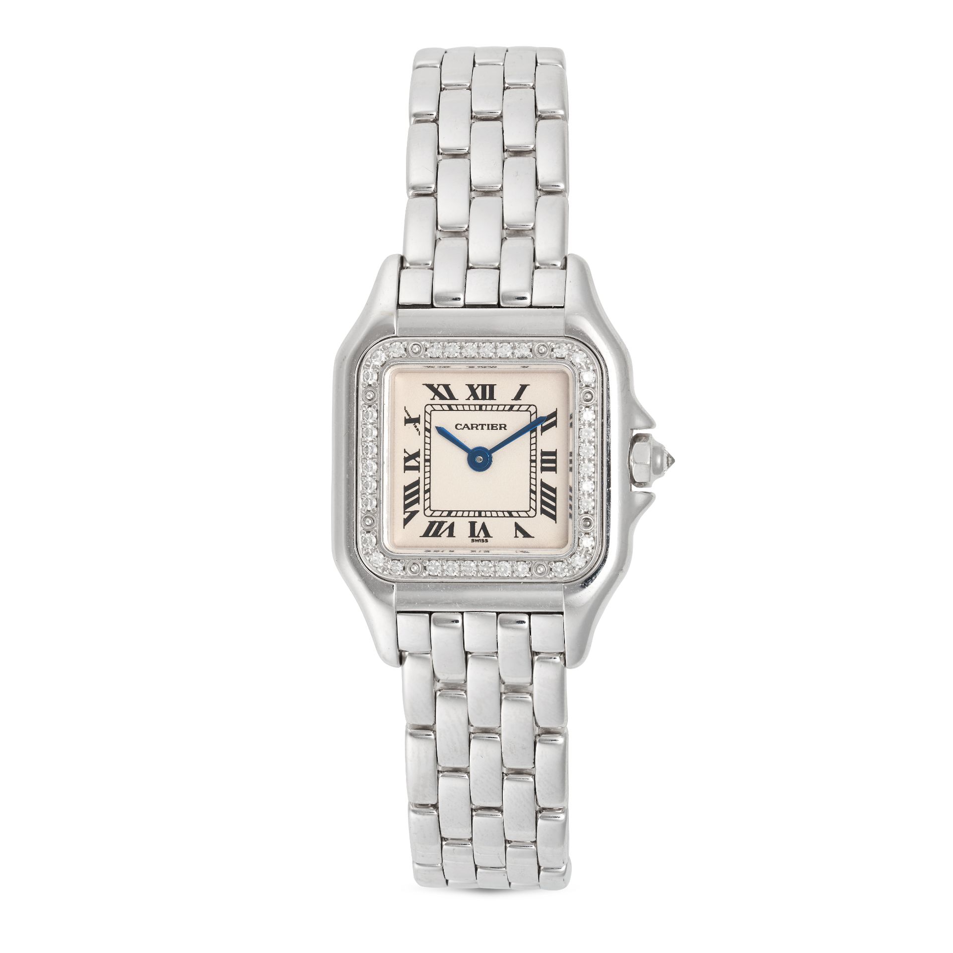 CARTIER - A DIAMOND CARTIER PANTHERE DE CARTIER SMALL WRISTWATCH in 18ct white gold, 1660, the di...