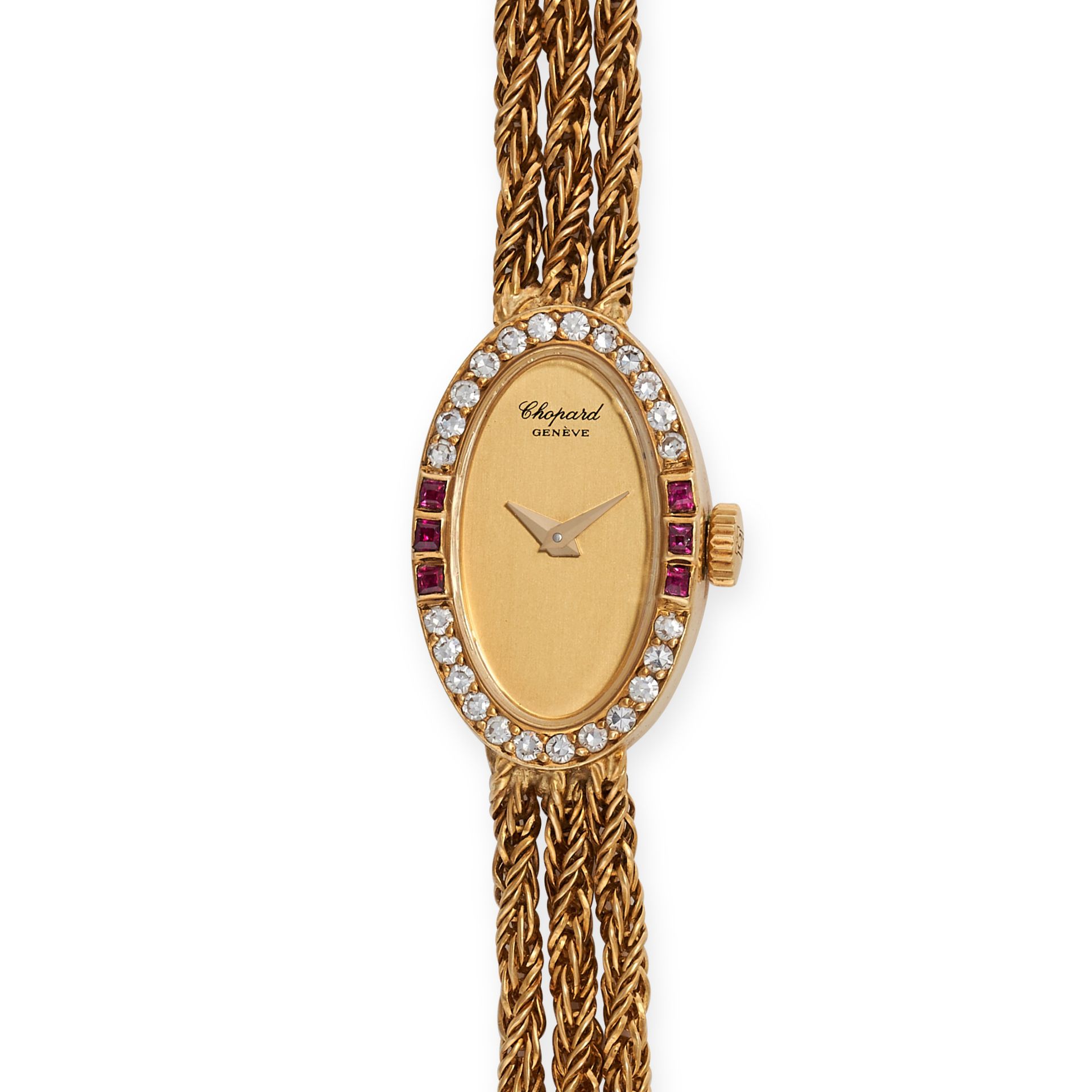 CHOPARD - A VINTAGE LADIES DIAMOND AND RUBY CHOPARD COCKTAIL WATCH in yellow gold, G 3890, sevent...