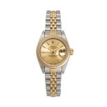 ROLEX - A LADIES BIMETAL ROLEX OYSTER PERPETUAL DATEJUST WRISTWATCH in stainless steel and yellow...