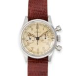 LEMANIA - A VINTAGE LEMANIA CHRONOGRAPH WRISTWATCH in steel, c.1940s-50s, the radium dial with Ar...