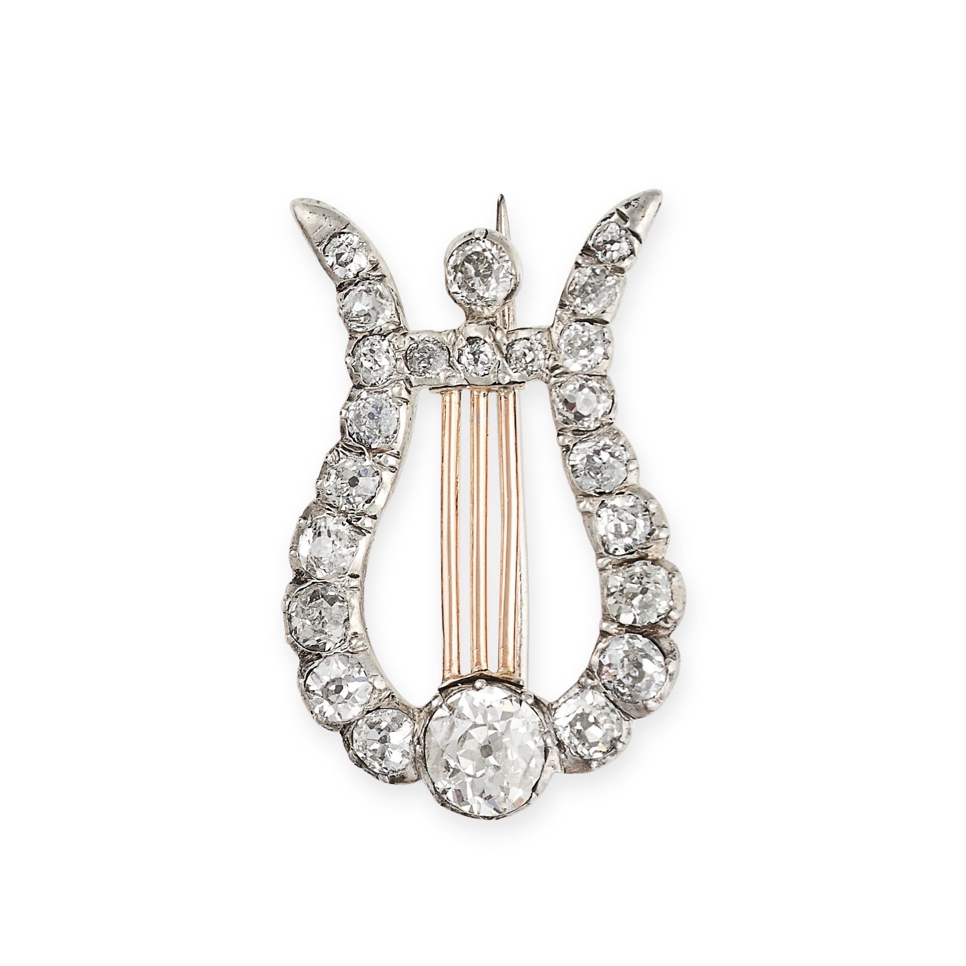 AN ANTIQUE VICTORIAN DIAMOND LYRE BROOCH in gold and silver, designed as a lyre set with old cut ...