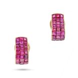 A PAIR OF INVISIBLY SET RUBY HOOP EARRINGS in 18ct yellow gold, each designed as a half hoop invi...