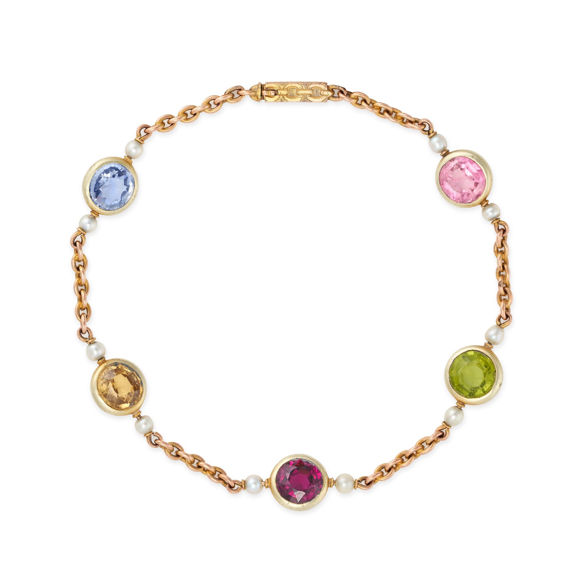 AN ANTIQUE MULTIGEM HARLEQUIN BRACELET in 14ct yellow gold, comprising a trace chain set with rou...