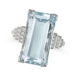 AN AQUAMARINE AND DIAMOND RING set with a rectangular step cut aquamarine of approximately 9.10 c...