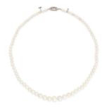 A FINE NATURAL SALTWATER PEARL AND DIAMOND NECKLACE in platinum and yellow gold, comprising a sin...