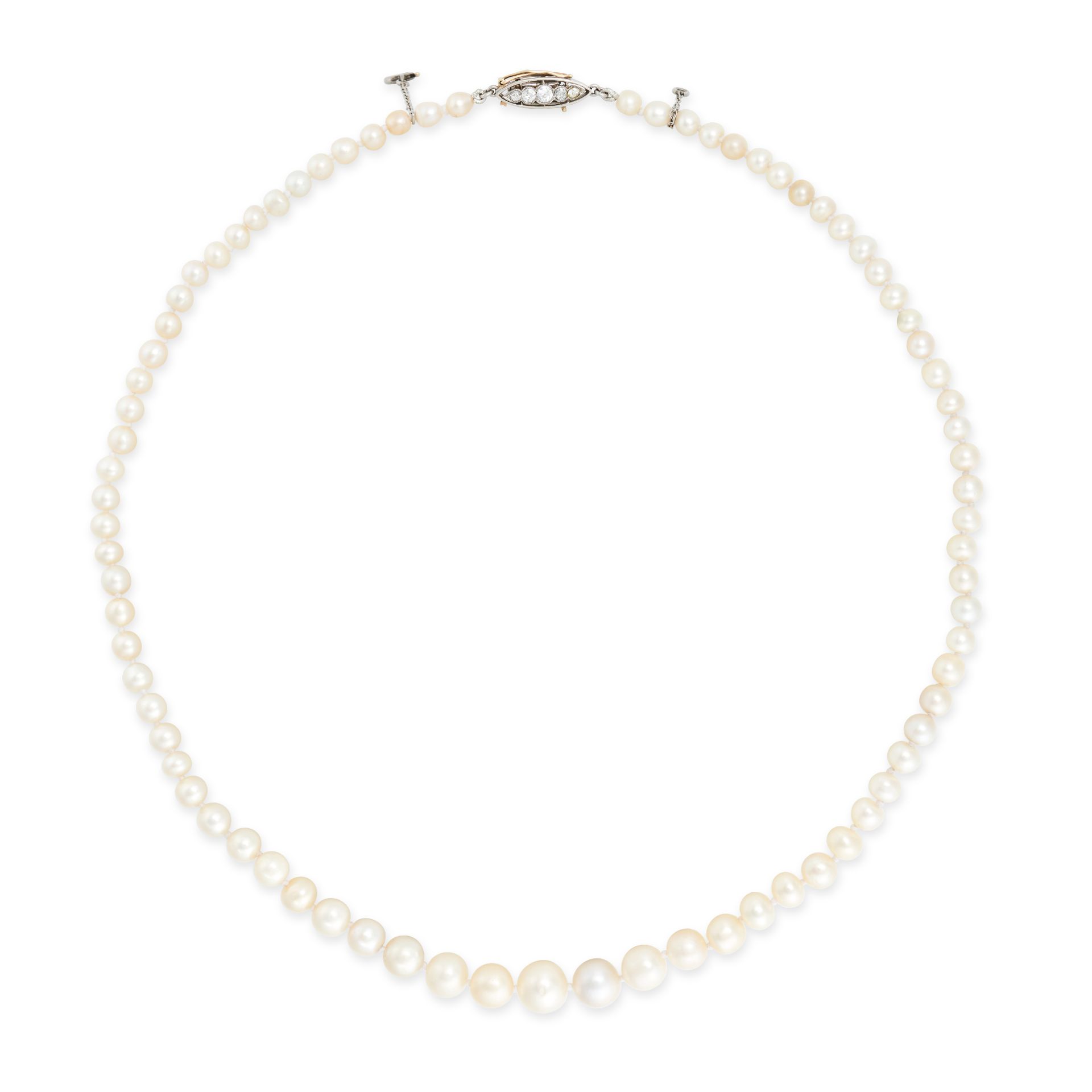 A FINE NATURAL SALTWATER PEARL AND DIAMOND NECKLACE in platinum and yellow gold, comprising a sin...