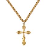 AN ANTIQUE VICTORIAN PINCHBECK AND PASTE CROSS PENDANT AND CHAIN comprising a textured belcher li...