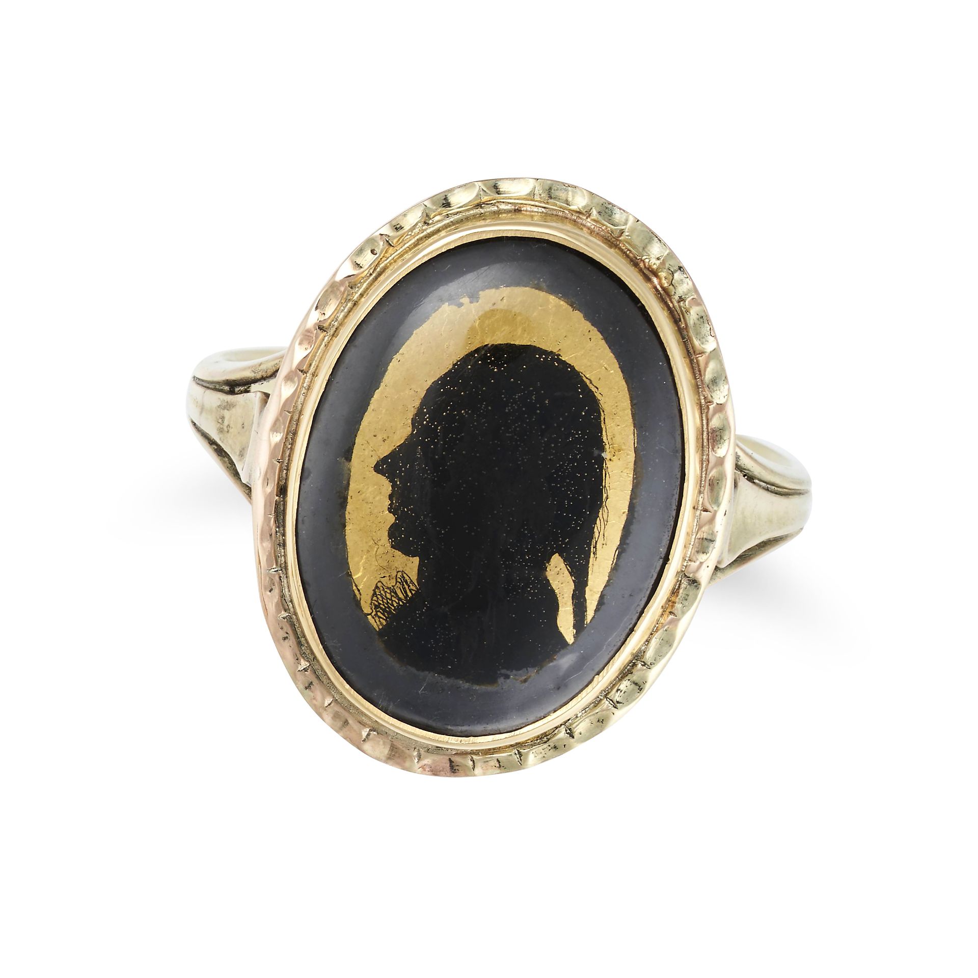 AN ANTIQUE ENAMEL SILHOUETTE RING in yellow gold, the oval face decorated with the silhouette of ...