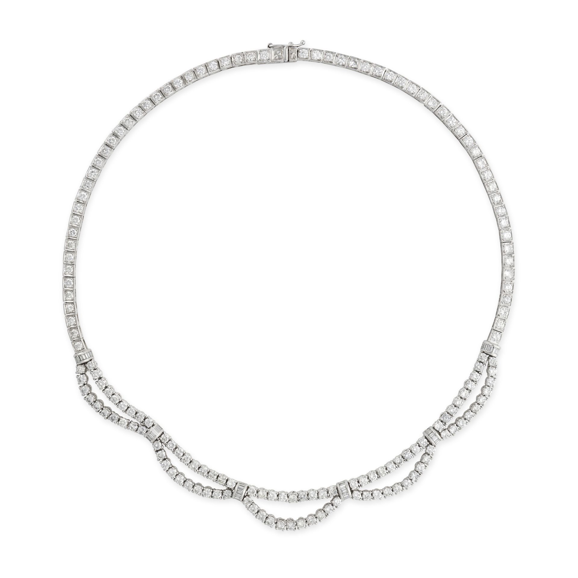 A DIAMOND NECKLACE in 18ct white gold, comprising a row of round brilliant cut diamonds, suspendi...