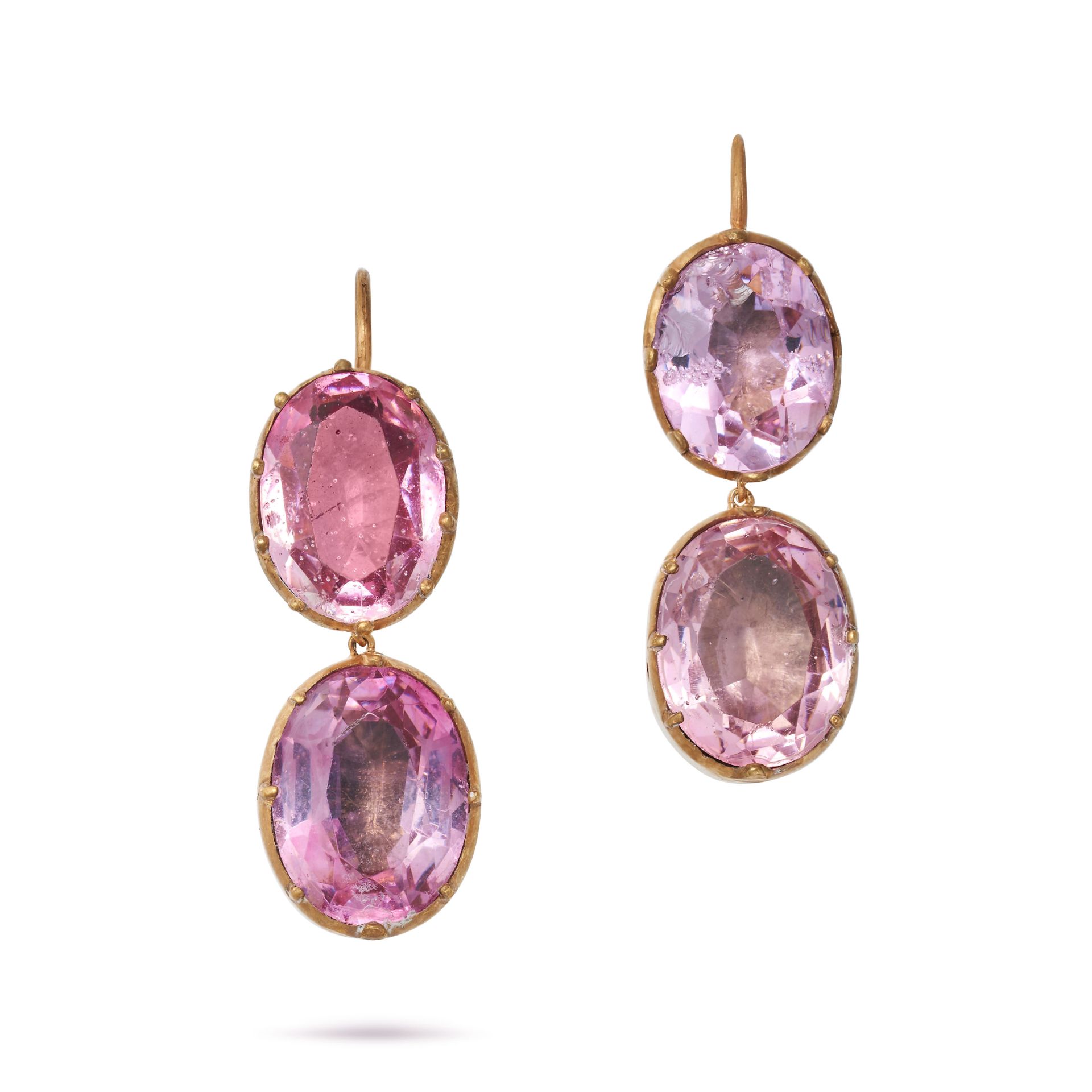A PAIR OF PINK PASTE DROP EARRINGS each set with two oval cut pink paste stones, no assay marks, ...