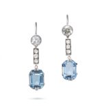 A PAIR OF AQUAMARINE AND DIAMOND DROP EARRINGS in white gold and silver, each comprising a row of...