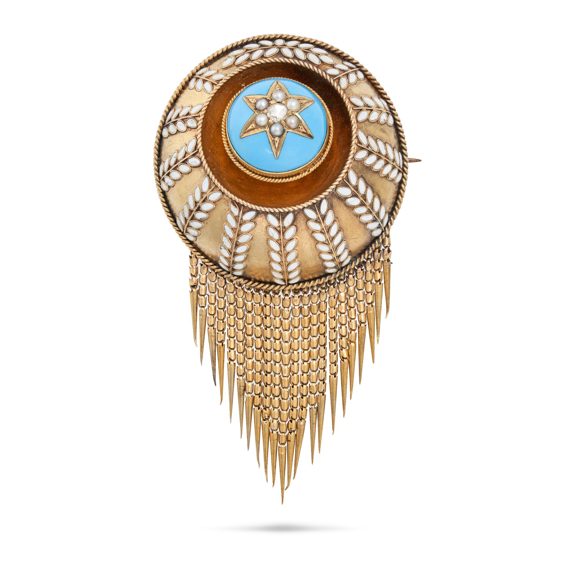 A FINE ANTIQUE ENAMEL AND PEARL TASSEL MOURNING BROOCH, 19TH CENTURY the circular domed face deco...