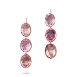 A PAIR OF PINK PASTE DROP EARRINGS each set with an articulated row of three oval cut pink paste ...
