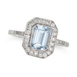 AN AQUAMARINE AND DIAMOND RING in 18ct white gold, set with an octagonal step cut aquamarine of a...