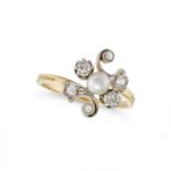 AN ANTIQUE DIAMOND AND PEARL RING in yellow gold, in crossover design, set with a pearl of 4.3mm ...