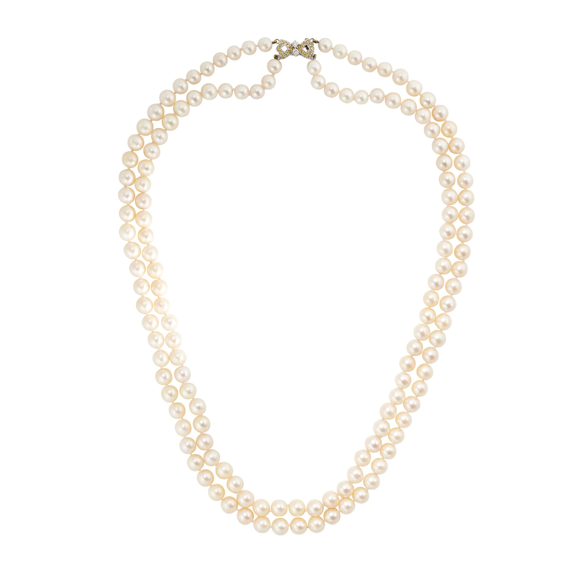 A PEARL AND YELLOW DIAMOND NECKLACE in 18ct white gold, set with two rows of pearls, the bow-shap...