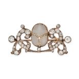 AN ANTIQUE EGYPTIAN REVIVAL CHALCEDONY AND DIAMOND SCARAB BROOCH in yellow gold and silver, set w...