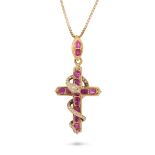 A FINE ANTIQUE FRENCH RUBY AND DIAMOND CROSS AND SNAKE PENDANT NECKLACE in 18ct yellow gold and 1...