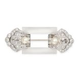 AN ART DECO ROCK CRYSTAL, DIAMOND AND NATURAL SALTWATER PEARL BROOCH set with a frosted rock crys...