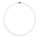 A PEARL AND GREEN TOURMALINE NECKLACE in yellow gold and silver, comprising a row of graduated pe...