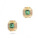 A PAIR OF GREEN TOURMALINE AND DIAMOND EARRINGS in 18ct yellow gold, each set with a cushion cut ...