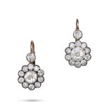 A PAIR OF ANTIQUE DIAMOND CLUSTER EARRINGS in yellow gold and silver, each comprising an old Euro...
