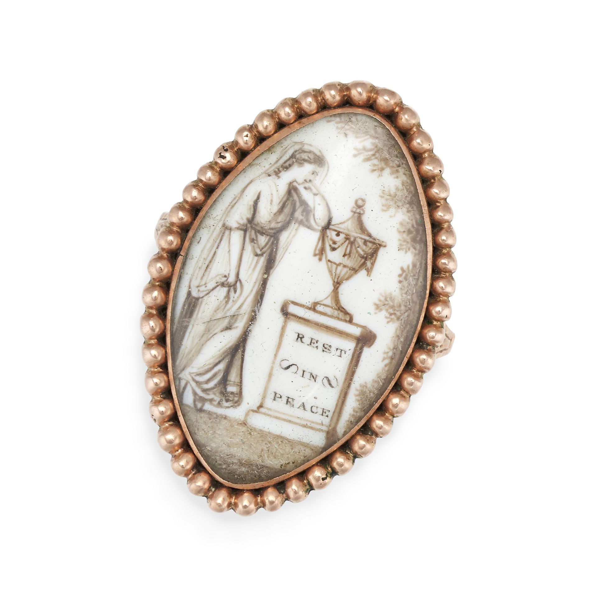 AN ANTIQUE GEORGIAN MOURNING RING, LATE 18TH CENTURY in rose gold, the navette shaped face with a...