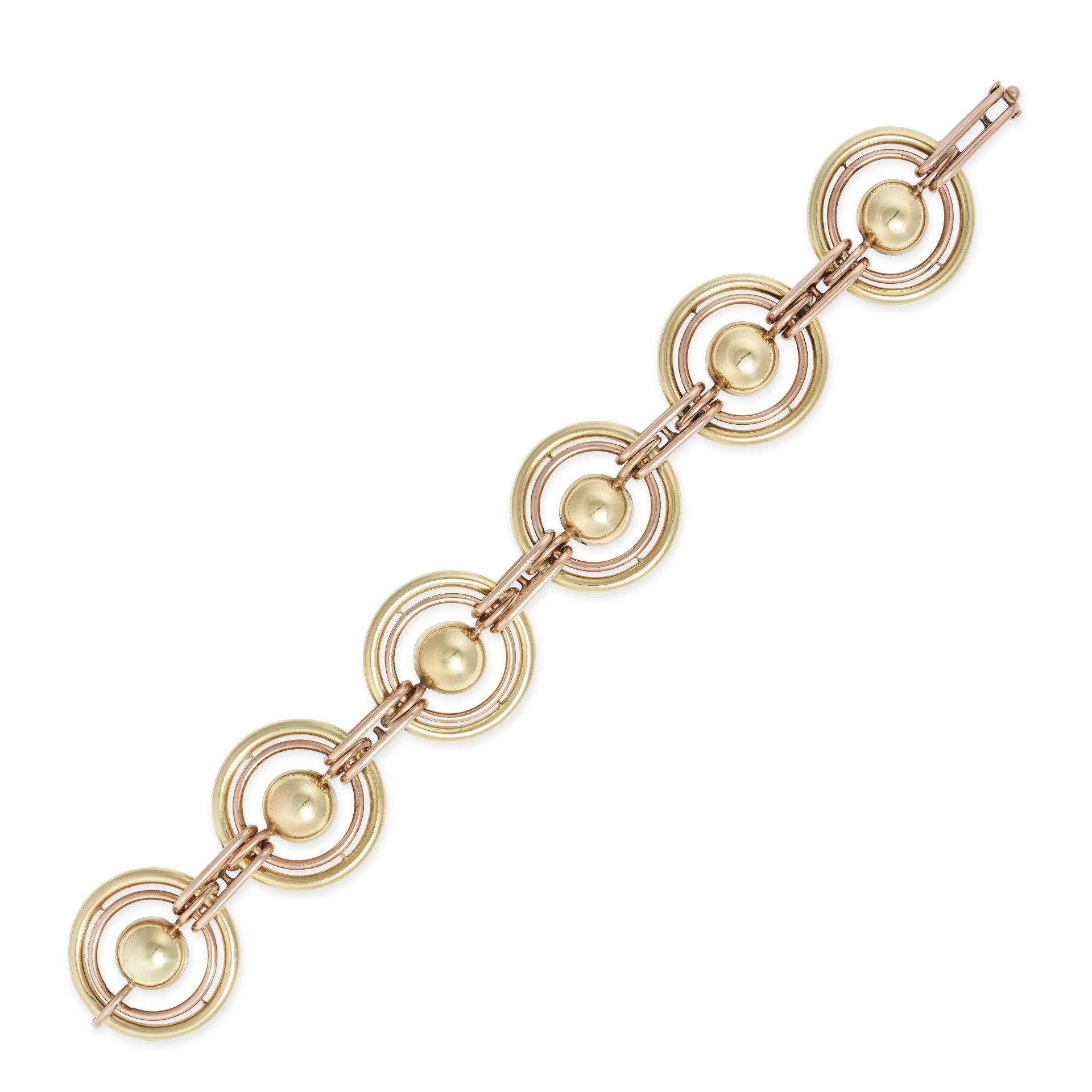 A BICOLOUR GOLD BRACELET in 14ct yellow and rose gold, comprising a row of openwork circular link...