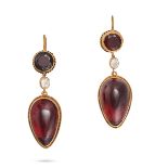 A PAIR OF ANTIQUE GARNET AND DIAMOND DROP EARRINGS in yellow gold, each set with a round cut garn...