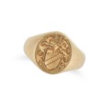 A VINTAGE GOLD SIGNET RING in 18ct yellow gold, the oval face engraved with a coat of arms, full ...