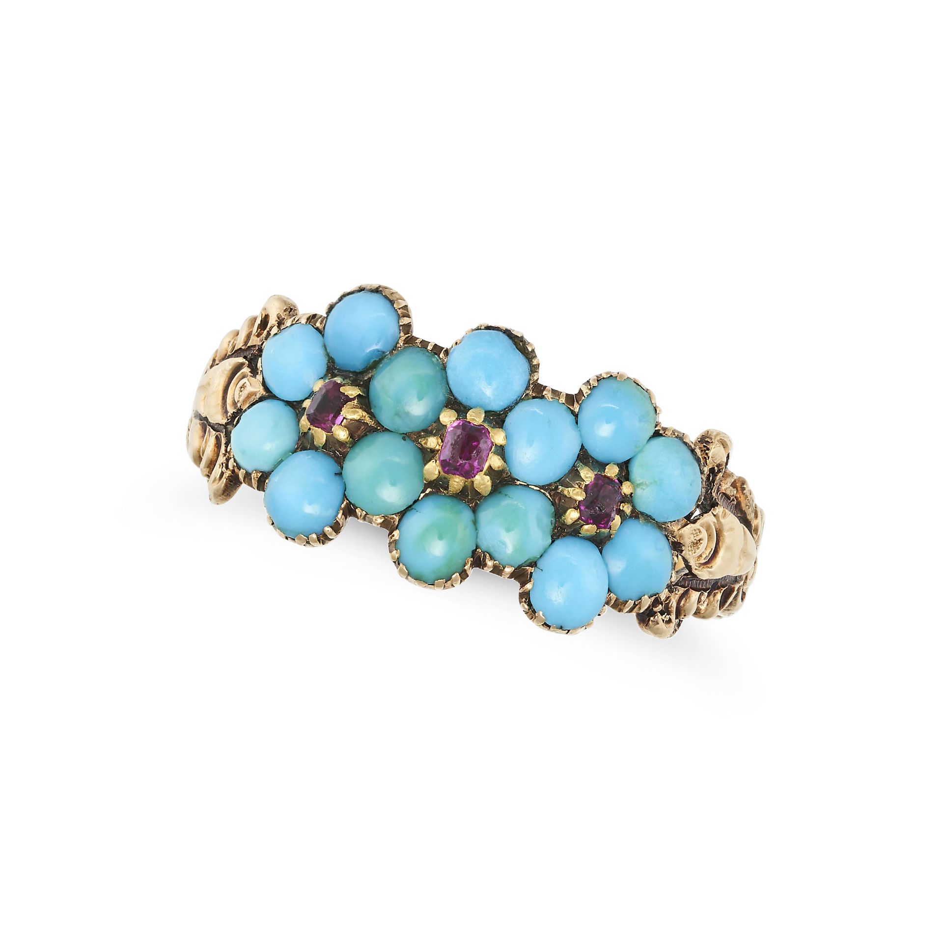 AN ANTIQUE TURQUOISE AND RUBY RING in yellow gold, set with three cushion cut rubies in clusters ...