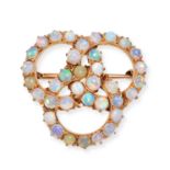 AN ANTIQUE  OPAL BROOCH in yellow gold, designed as three interlocking rings, set throughout with...