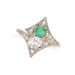 AN ANTIQUE EMERALD AND DIAMOND DRESS RING, EARLY 20TH CENTURY in yellow gold and platinum, set wi...