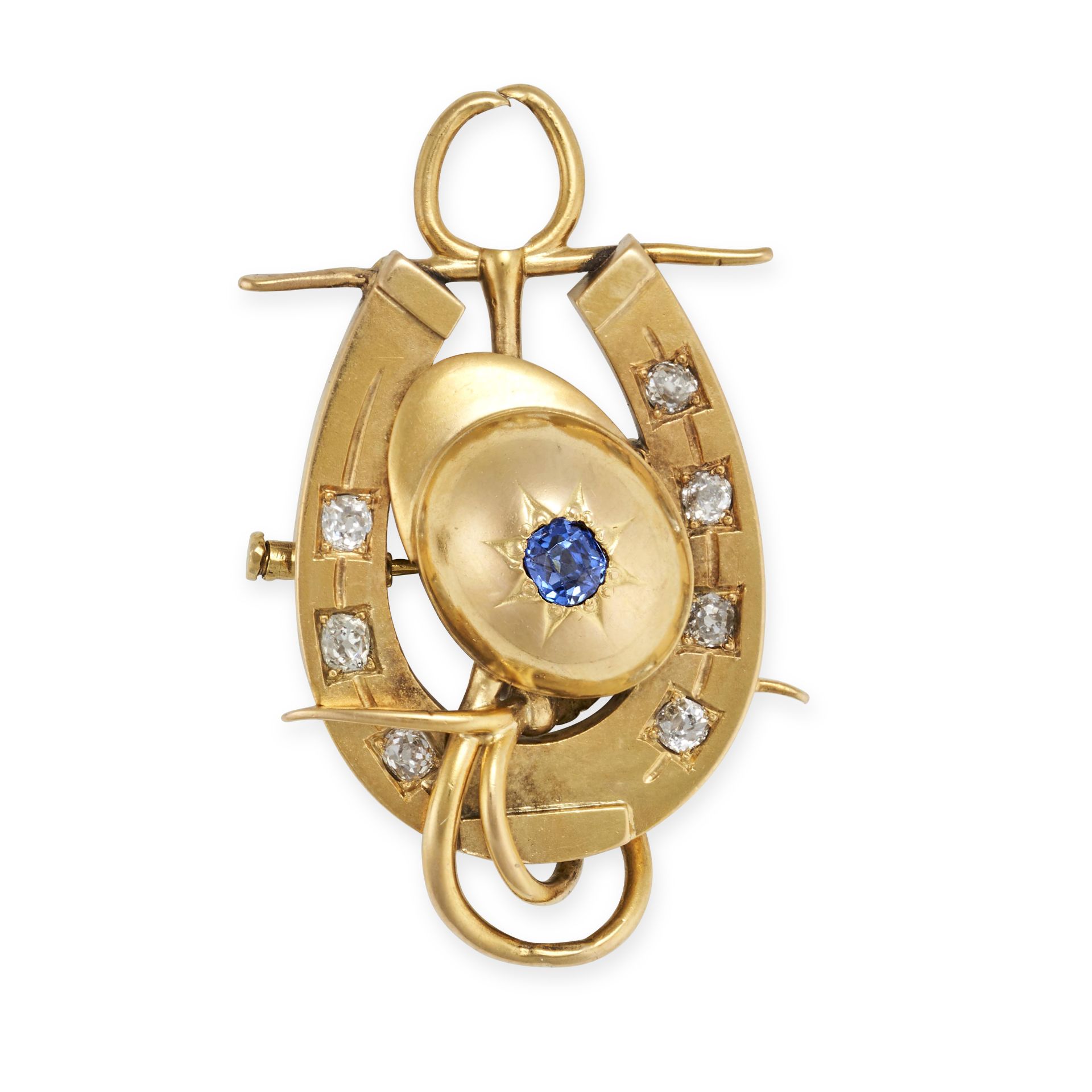 AN ANTIQUE SAPPHIRE AND DIAMOND HORSESHOE AND JOCKEY CAP BROOCH / PENDANT in yellow gold, designe...