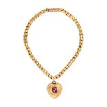 AN ANTIQUE GARNET SWEETHEART CHARM BRACELET in yellow gold, comprising a row of snake links, susp...