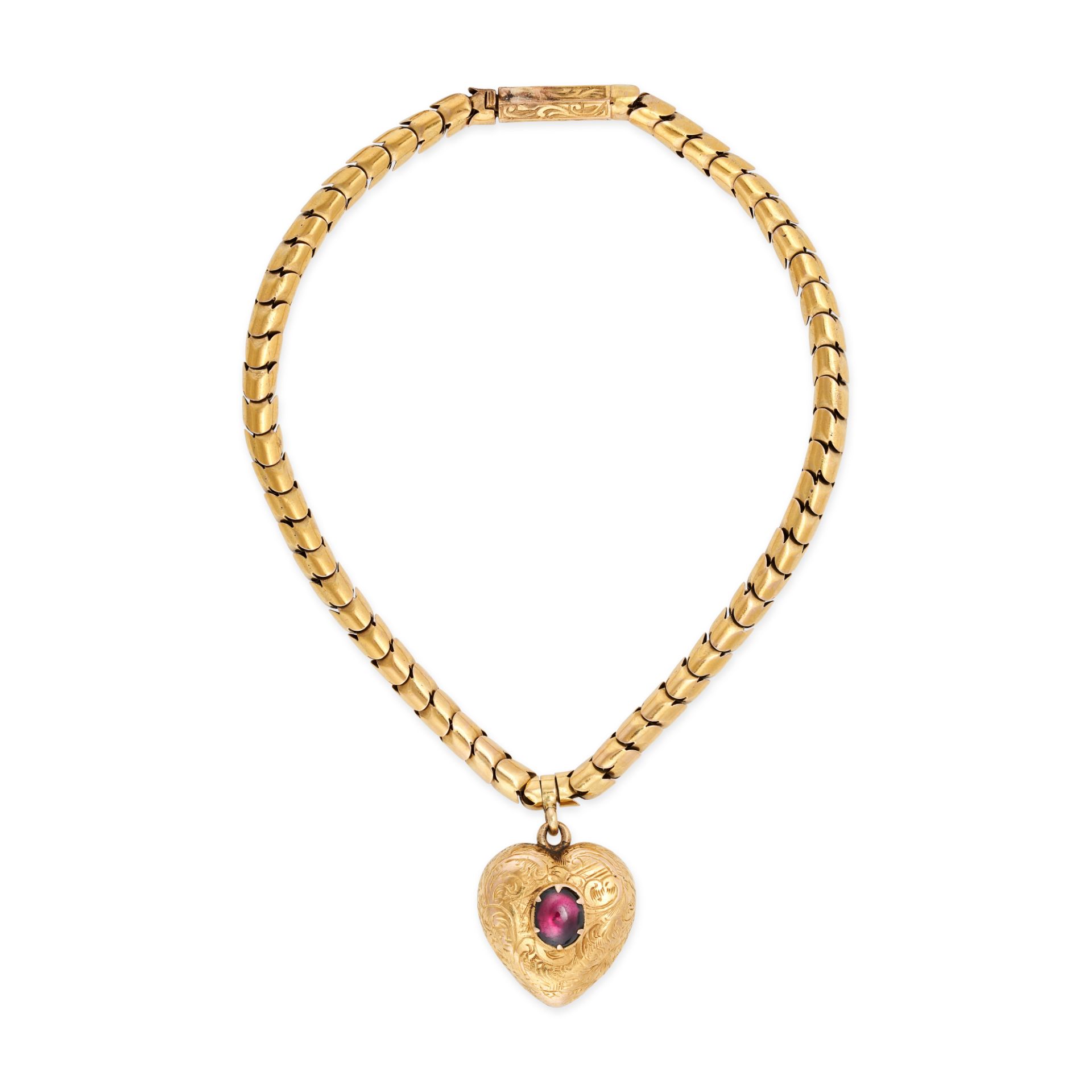 AN ANTIQUE GARNET SWEETHEART CHARM BRACELET in yellow gold, comprising a row of snake links, susp...