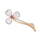 NO RESERVE - AN ANTIQUE MOONSTONE AND RUBY CLOVER BROOCH in yellow gold, set with a round cut rub...