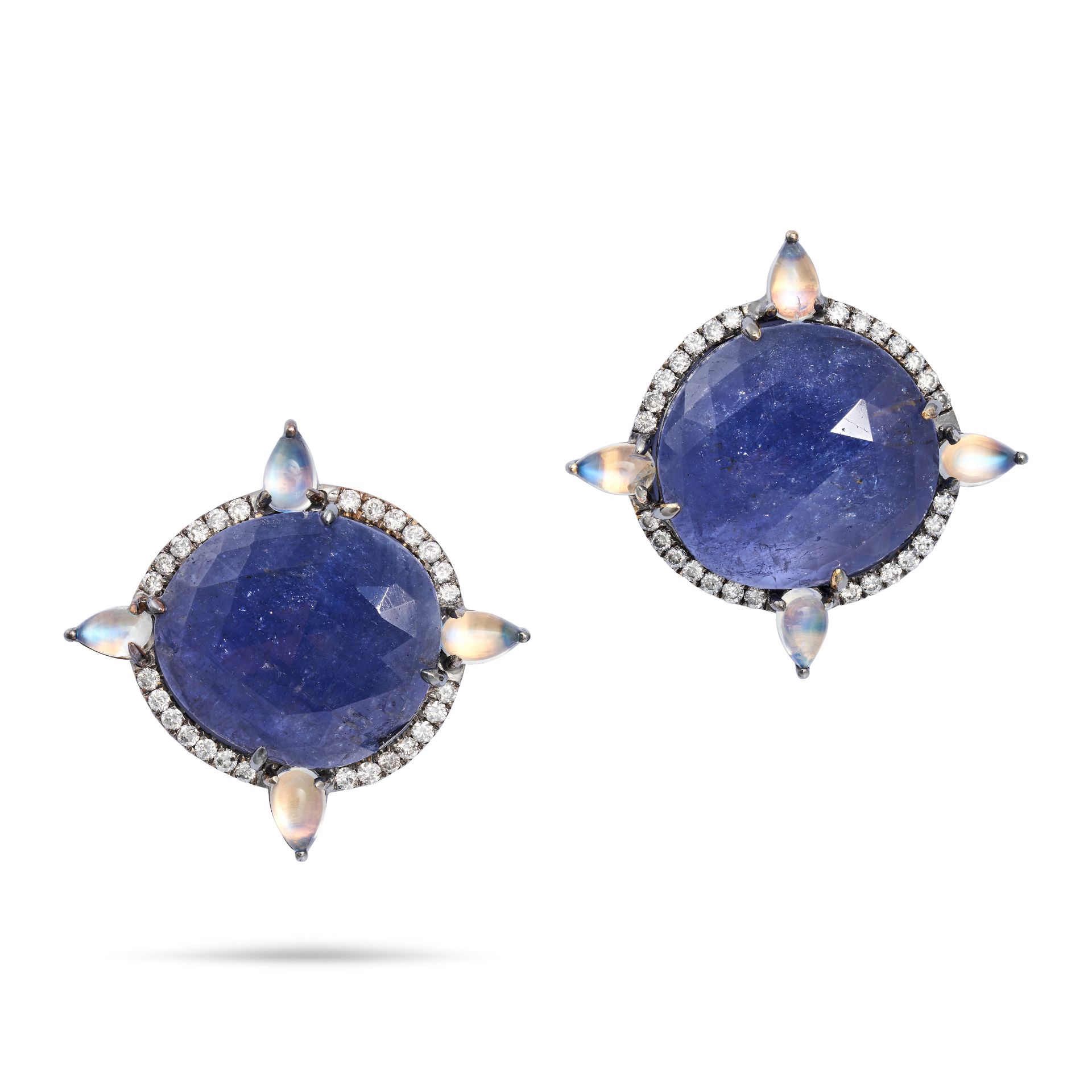 A PAIR OF TANZANITE, MOONSTONE AND DIAMOND EARRINGS in 18ct blackened gold, each set with a facet...