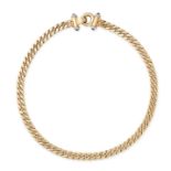 A SAPPHIRE CURB NECKLACE in 9ct yellow gold, comprising a row of curb links, the clasp accented b...