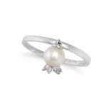 A PEARL AND DIAMOND LILY OF THE VALLEY RING in 18ct white gold, the band suspending a pearl and d...