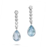 A PAIR OF AQUAMARINE AND DIAMOND DROP EARRINGS in 18ct white gold, each comprising a row of round...