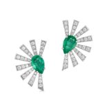 A PAIR OF EMERALD AND DIAMOND FAN EARRINGS in 18ct white gold, each designed as a fan and set wit...