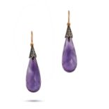 A PAIR OF AMETHYST AND DIAMOND DROP EARRINGS in yellow gold and silver, each set with a briolette...