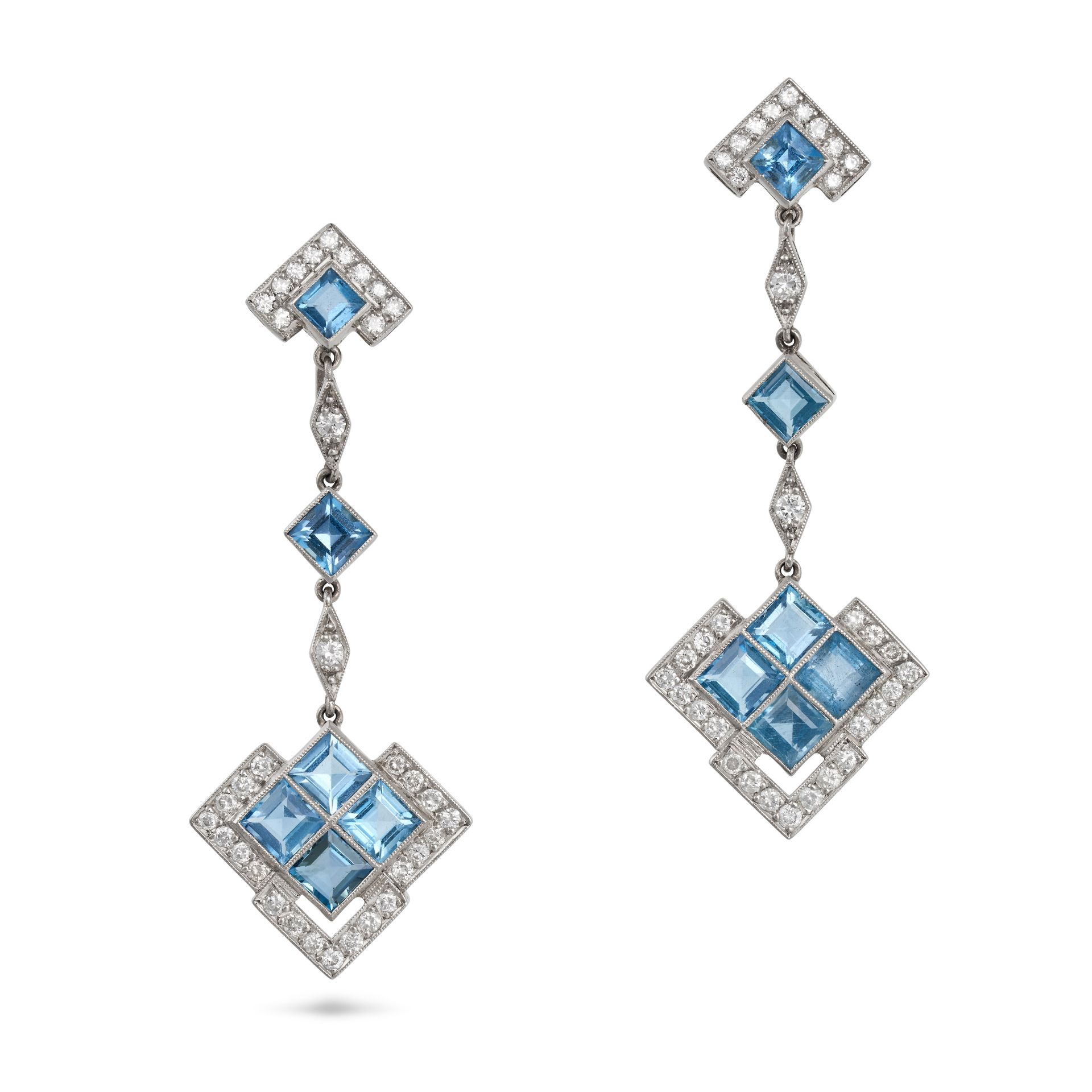 A PAIR OF AQUAMARINE AND DIAMOND DROP EARRINGS each comprising a square step cut aquamarine accen...