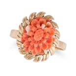 NO RESERVE - A CORAL FLOWER RING in 14ct yellow gold, set with a coral carved to depict a flower,...