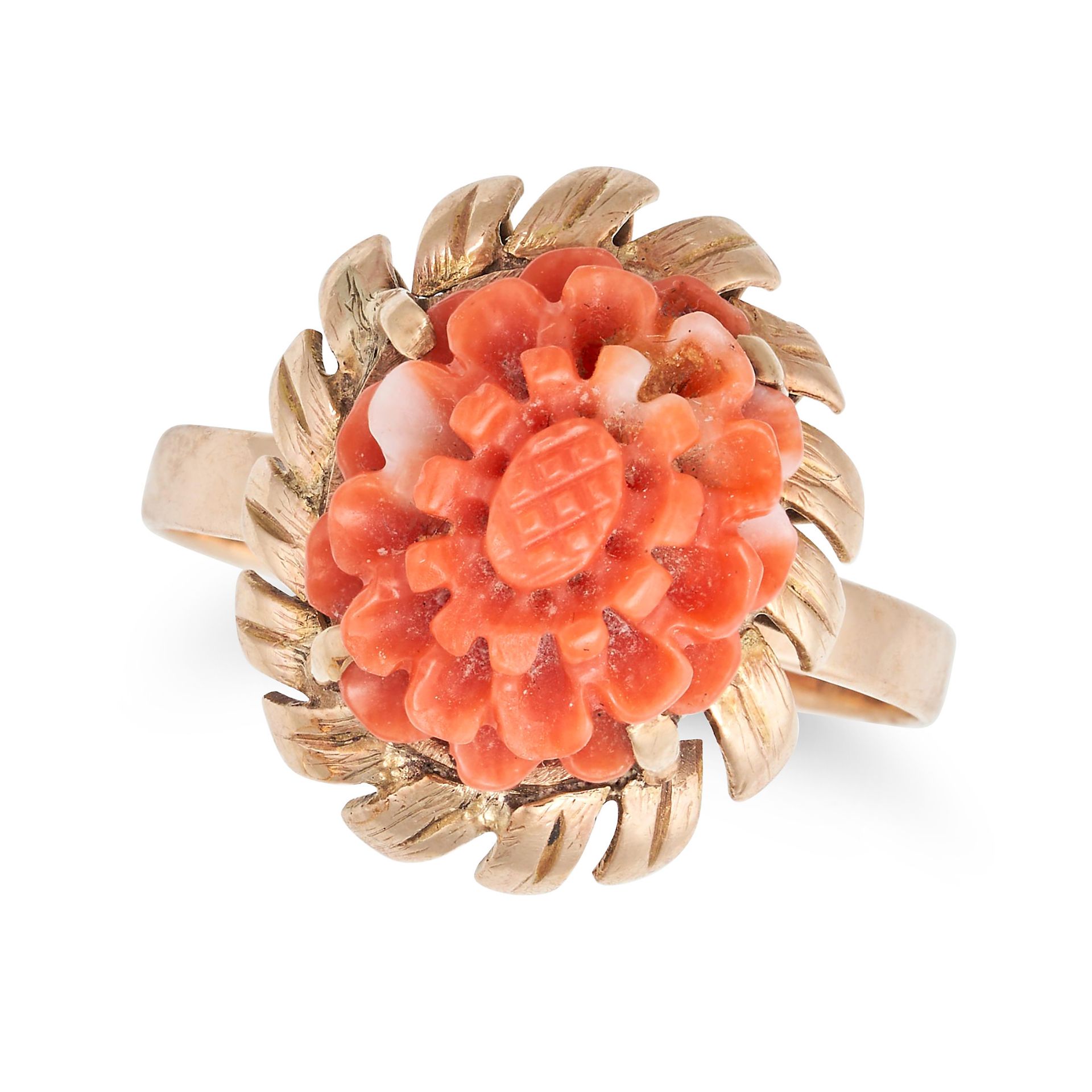 NO RESERVE - A CORAL FLOWER RING in 14ct yellow gold, set with a coral carved to depict a flower,...