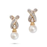 NO RESERVE - A PAIR OF DIAMOND AND PEARL DROP EARRINGS in 18ct white and yellow gold, each design...